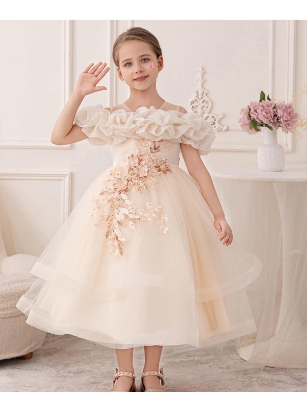 Ivory Floral Tulle Flower Girl Dress